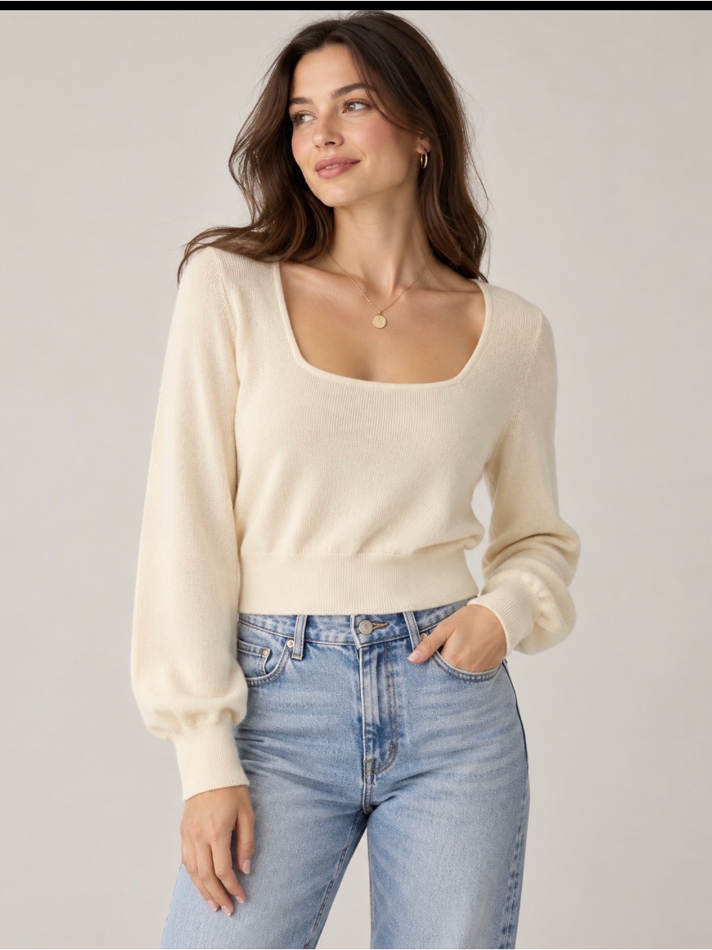 J.Crew Cropped Squareneck 100% Merino Wool Sweater Cream M NWOT
